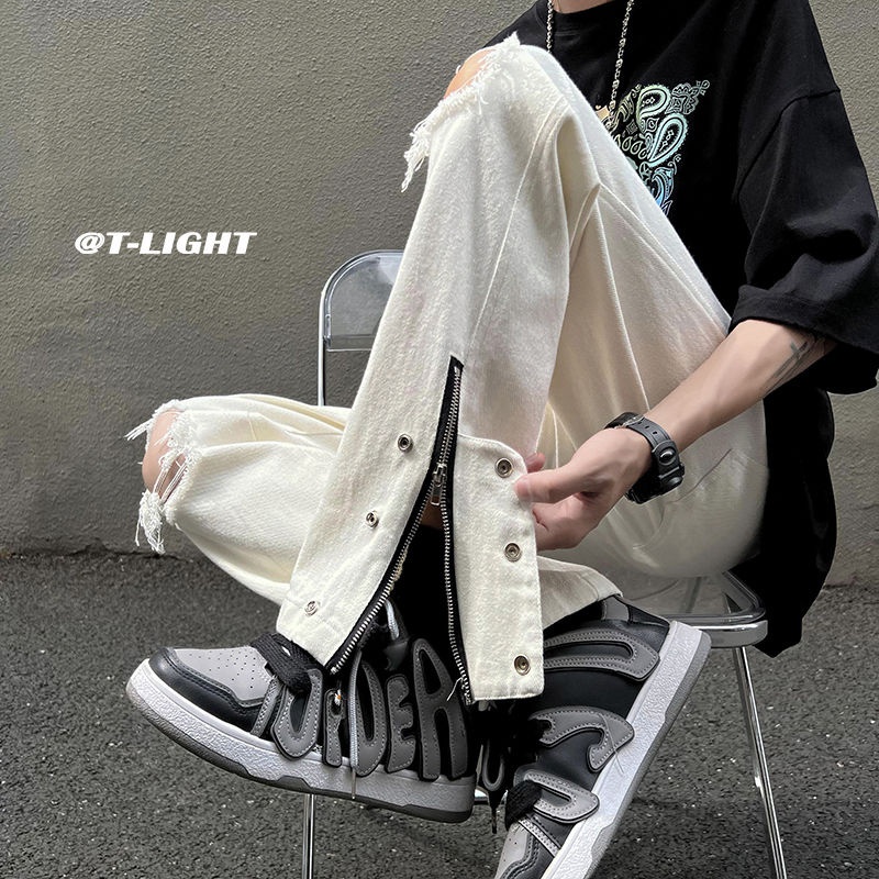 Quần Jean Ống Loe Phối Khóa Kéo Thời Trang Đường Phố Mỹ Cá Tính Cho Nam