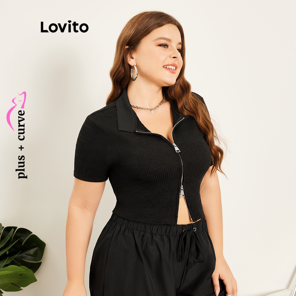 Áo dệt kim Lovito plus size cổ polo khóa kéo màu trơn phong cách thường ngày LPS06004 (màu đen)