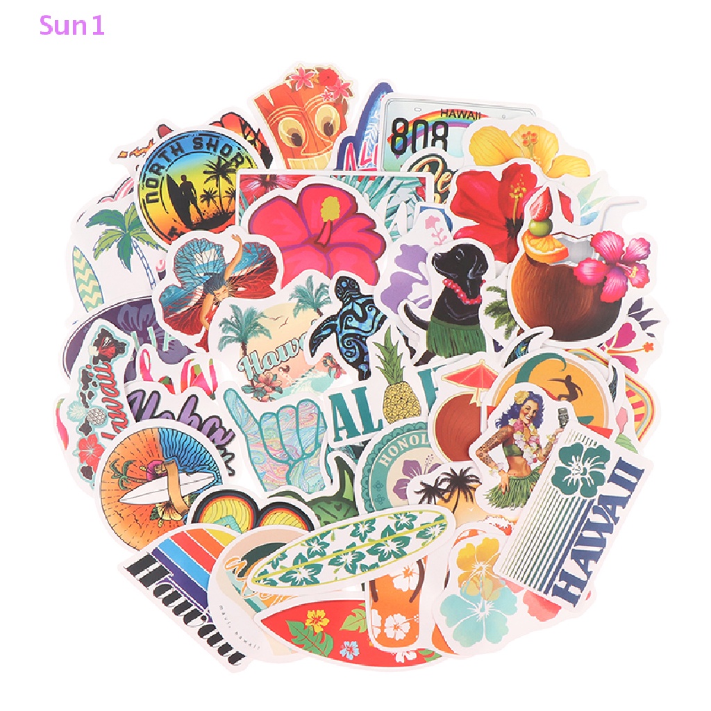 Set 50 Sticker Hoạt Hình Dán Trang Trí Laptop Ván Trượt Phong Cách Hawaii
