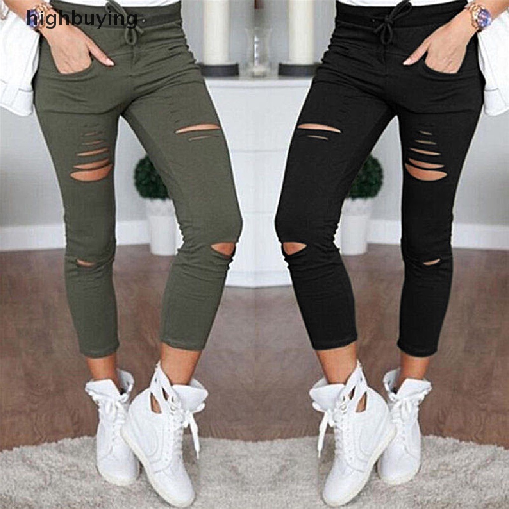 Quần Dài Lưng Cao Dáng Ôm Phối Lỗ Rách Thời Trang Cá Tính Cho Nữ