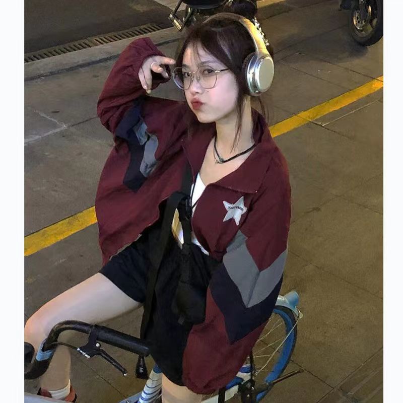 Áo Khoác Bóng Chày Màu Sắc Tương Phản Thêu Hình Ngôi Sao Thời Trang Cho Nữ