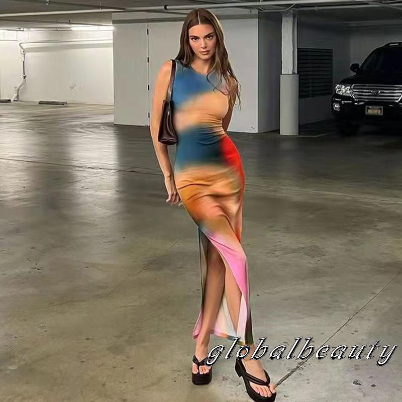 Đầm Dài Không Tay Cổ Tròn Họa Tiết Màu Nhuộm Phong Cách Mùa Hè Cho Nữ