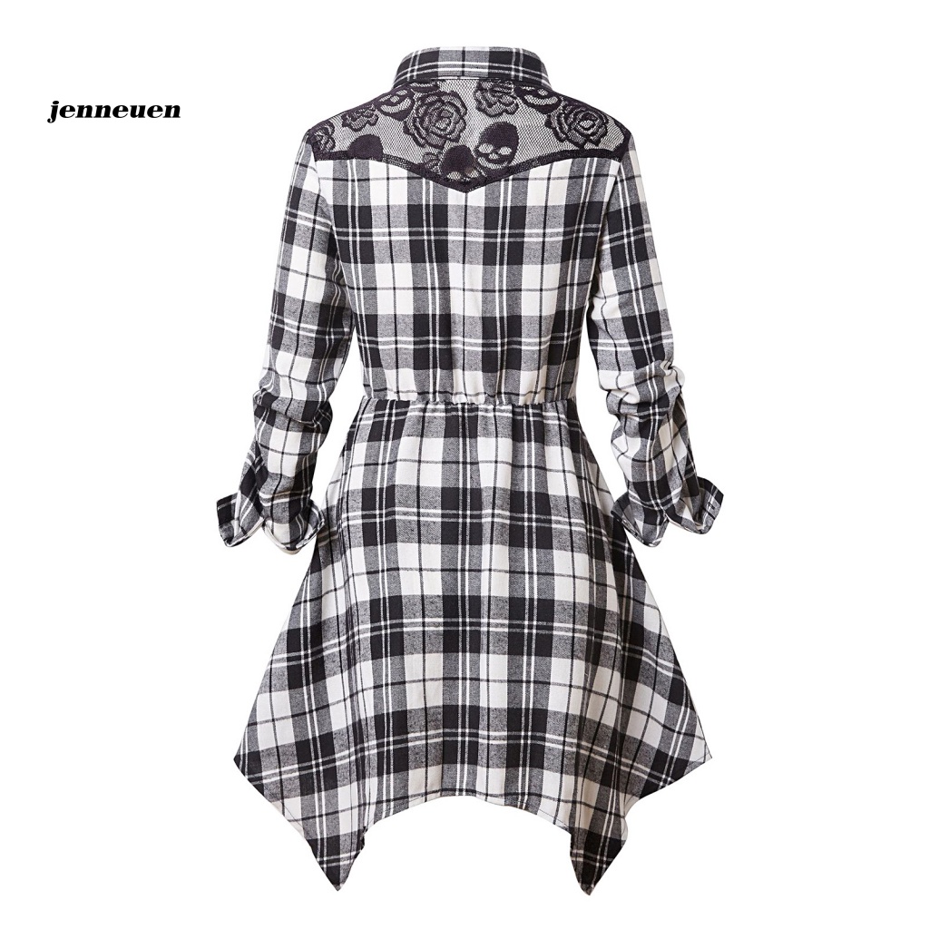 Áo Sơ Mi Cổ Bẻ Viền Ren Dáng Dài In Họa Tiết Kẻ Sọc Thiết Kế Lệch Tà Thời Trang Cho Nữ