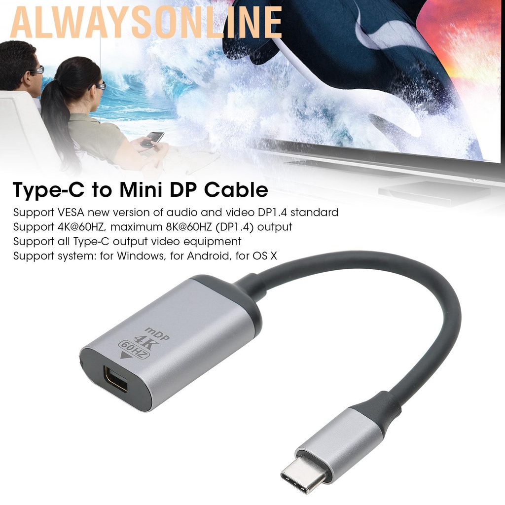 Alwaysonline Professional Portable Type‑C Male to Mini DP Adapter Cable Accessory for Windows