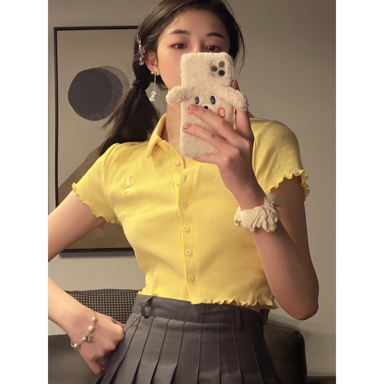 Áo Thun Polo Dệt Kim Tay Ngắn Dáng Rộng Thêu Họa Tiết Xinh Xắn Thời Trang Mùa Hè Phong Cách Hàn Quốc Cho Nữ