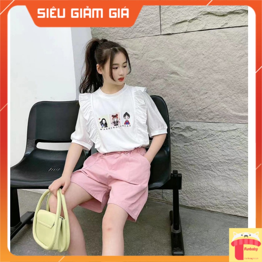 Quần áo hè cho bé gái size đại, Bộ cộc trẻ em nữ 7-16 tuổi in hình 3 em bé cao cấp kiểu dáng thời trang