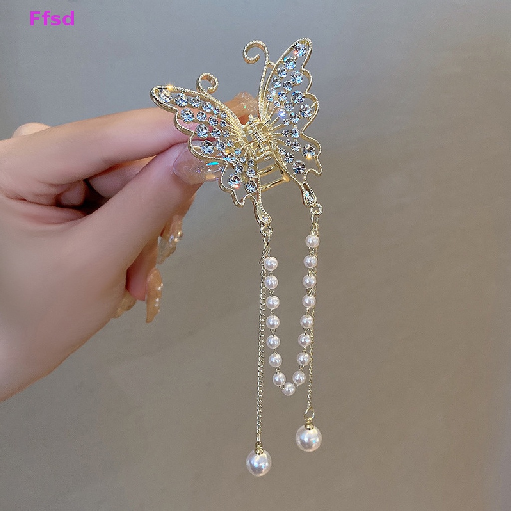 Kẹp Tóc Càng Cua Dài Đính Đá Và Ngọc Trai Hình Bướm Phong Cách Vintage Thanh Lịch