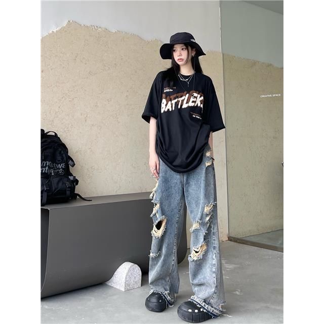 Jiashucheng Quần Jean Dài Lưng Cao Ống Rộng Phối Rách Kiểu Đường Phố Mỹ Cá Tính