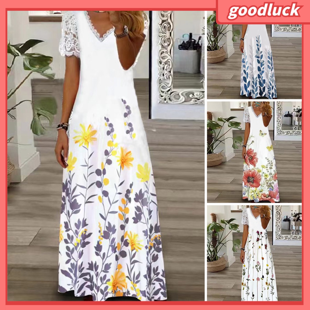 Đầm Maxi Chữ A Phối Ren Tay Ngắn Cổ Chữ V Xuyên Thấu Thời Trang Mùa Hè Cho Nữ