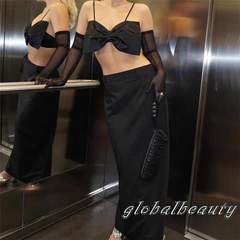 Áo Crop Top Hai Dây Thắt Nơ Trước Ngực Cổ Chữ V Gợi Cảm Kèm Găng Tay