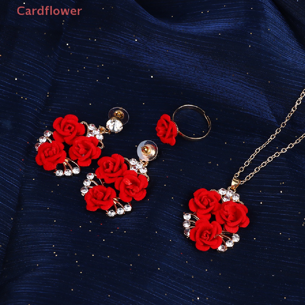 Bộ Trang Sức Vòng cổ + Nhẫn + Bông Tai Hình Hoa Hồng Bằng Nhung Đính Đá Zircon Quyến Rũ Cho Nữ