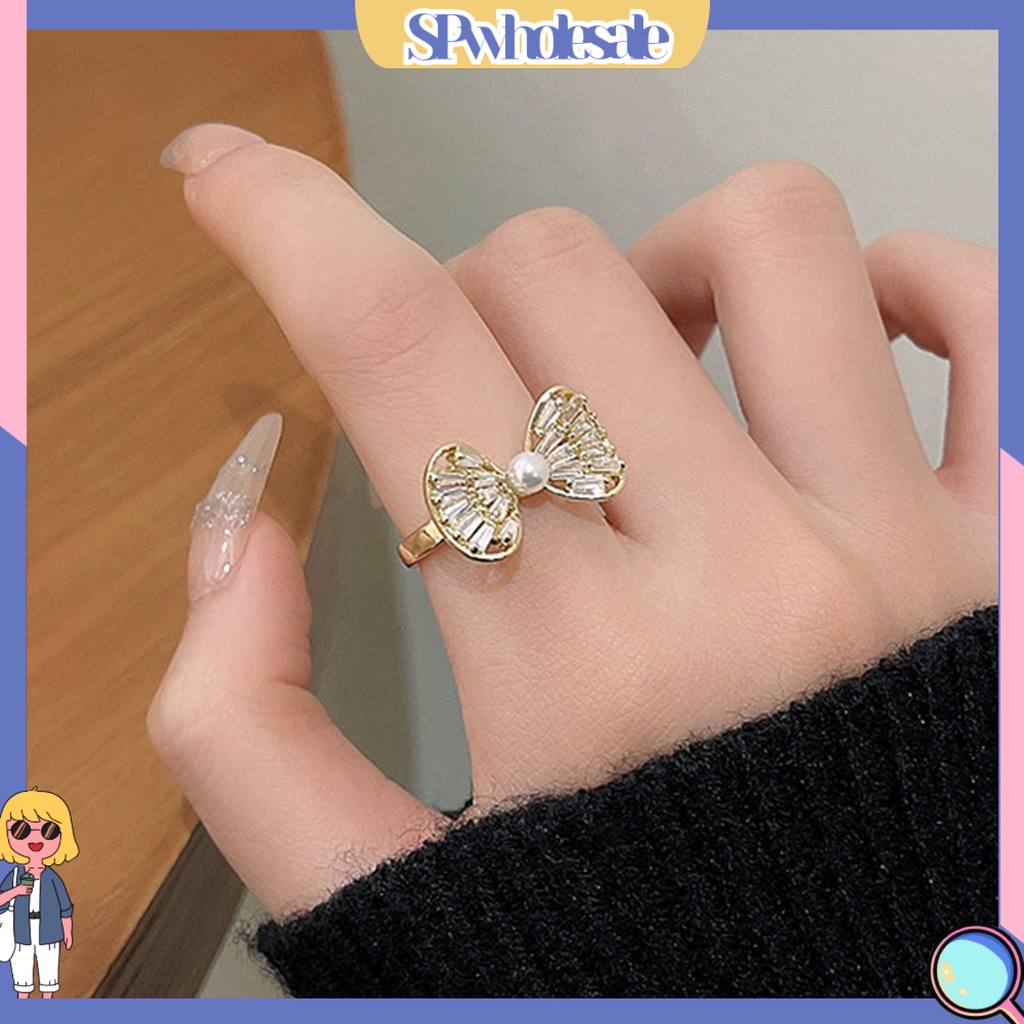 <SPwholesale> Nhẫn Đeo Ngón Trỏ Rỗng Hình Nơ Rỗng Đính Đá Zircon Trọng Lượng Nhẹ Trang Trí Có Thể Điều Chỉnh Dành Cho Nữ