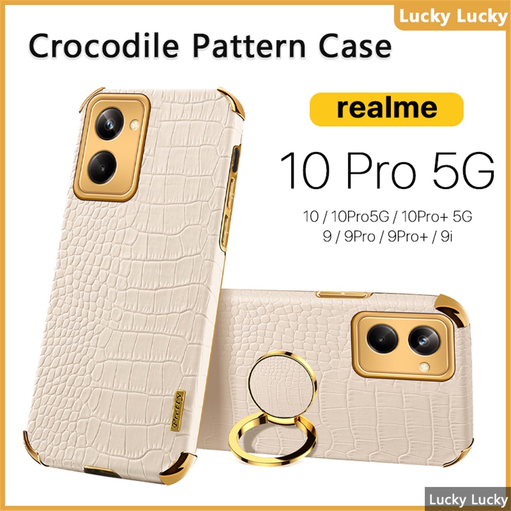 ốp lưng Realme 10 Pro 5G Realme 9 Pro Plus 9i Họa Tiết Cá Sấu Giá đỡ vòng đeo tay PU Cover Máy ảnh bảo vệ toàn diện Mạ vàng Mảnh khảnh cảm xúc tuyệt vời Chống vân tay tản nhiệt lót