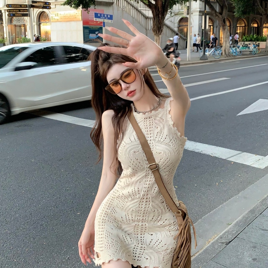 Đầm Hai Dây Dệt Kim Ôm Dáng Thiết Kế Rỗng Gợi Cảm Cho Nữ