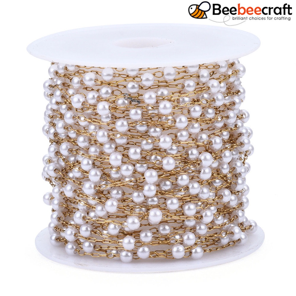 1 Cuộn Dây Chuỗi Hạt Ngọc Trai Tròn Bằng Nhựa ABS Màu Vàng 316 Bằng Thép Không Gỉ 3x2.5mm Khoảng 16.40 Feet (5m)