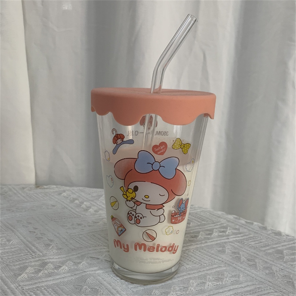 Bình Nước Thủy Tinh Có Ống Hút Họa Tiết Trái Tim Xinh