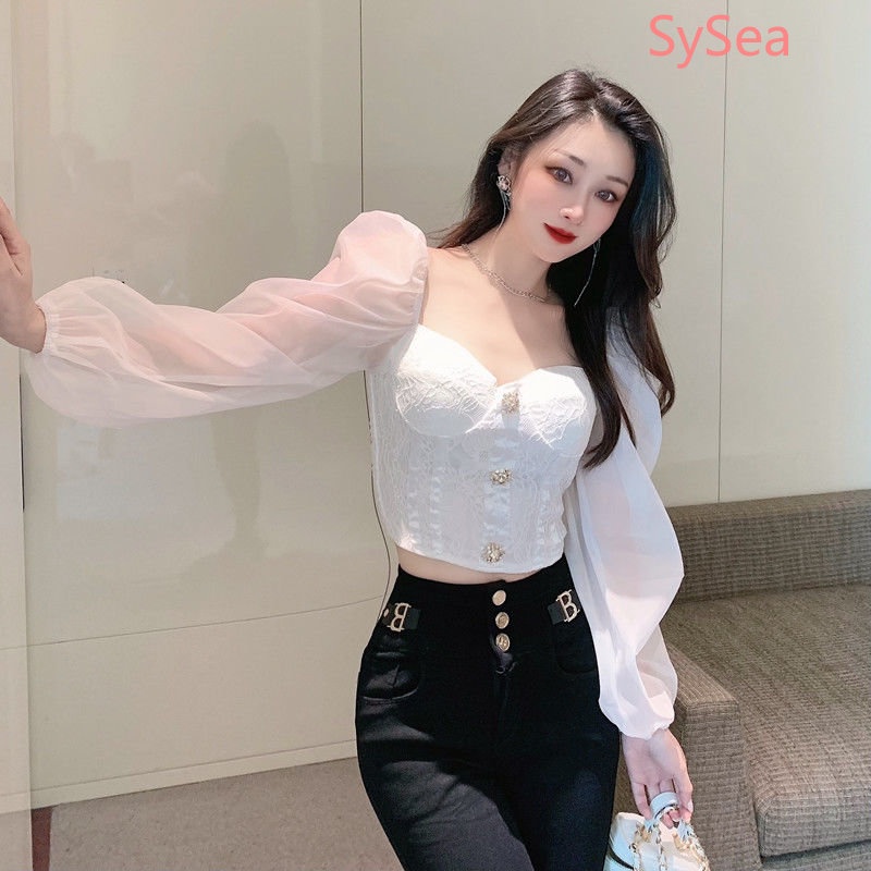 Áo Kiểu Tay Phồng Cổ Vuông Phối Ren Phong Cách Hàn Quốc