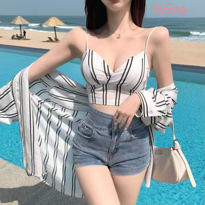 Set Áo Sơ Mi + Áo Hai Dây Chống Nắng Họa Tiết Kẻ Sọc Thời Trang Mùa Hè Cho Nữ