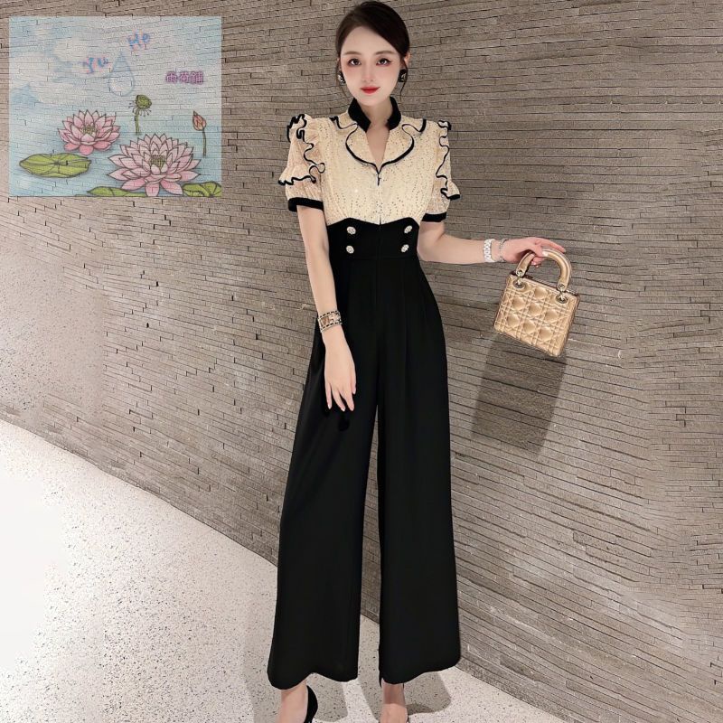 Yuhe Shop, Hàng Có Sẵn Áo Liền Quần Tay Ngắn Cỡ Lớn Phối Ren Đính Kim Sa Thêu Họa Tiết Quần Ống Rộng Chuyên Nghiệp OL