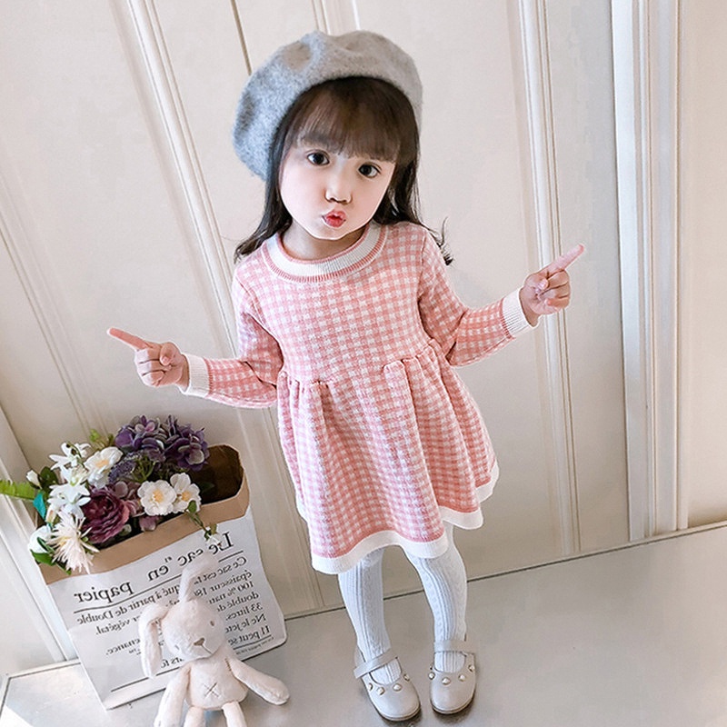 Đầm sweater Dệt Kim Tay Dài Kẻ Sọc Thời Trang Mùa Thu Cho Bé Gái