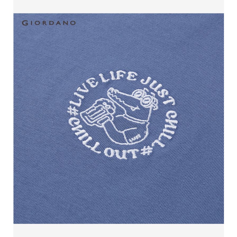 Áo thun GIORDANO 90093381 100% dệt kim cotton dạng rộng cổ tròn tay ngắn thêu họa tiết thời trang dành cho nam