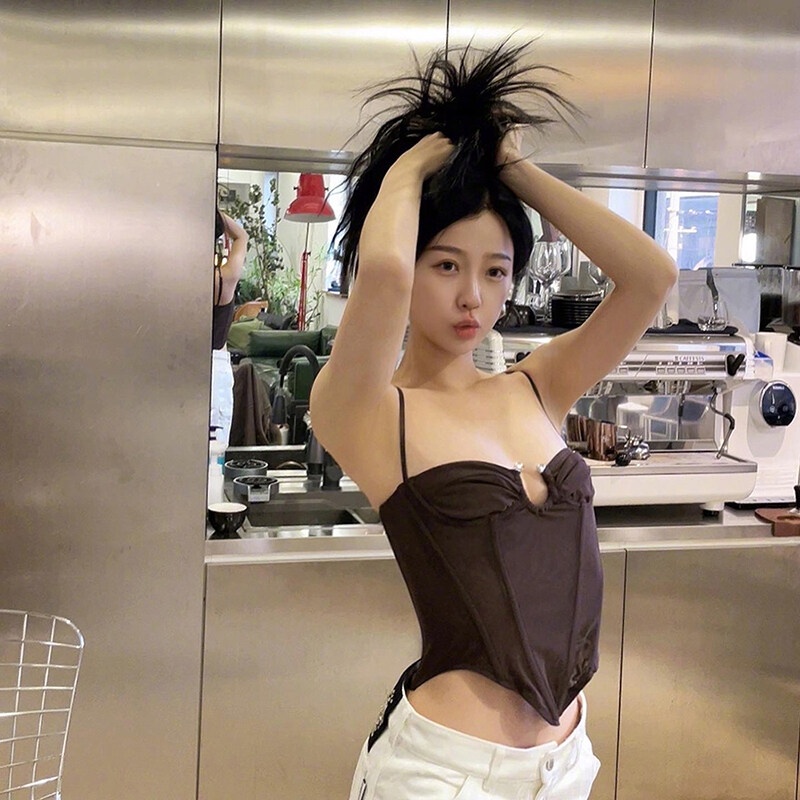 Kliou 2023 Mới Áo Croptop Hai Dây Ôm Dáng Khoét Lỗ Rỗng Gợi Cảm Ngọt Ngào Phong Cách Retro Mùa Hè Cho Nữ