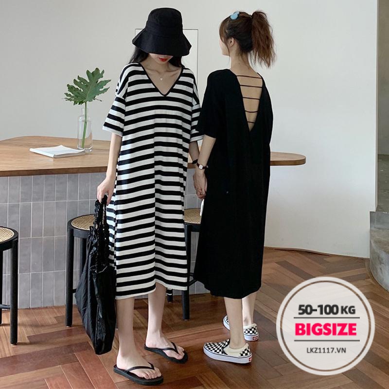 Váy đầm nữ Bigsize Đầm thun suông kẻ sọc dài qua gối tay ngắn cổ chữ v hở lưng mùa hè Phong cách Hàn Quốc Thời Trang đẹp