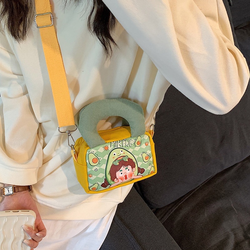 Túi Đeo Chéo Canvas Dáng Vuông Nhỏ Họa Tiết Hoạt Hình Thời Trang Cho Nữ