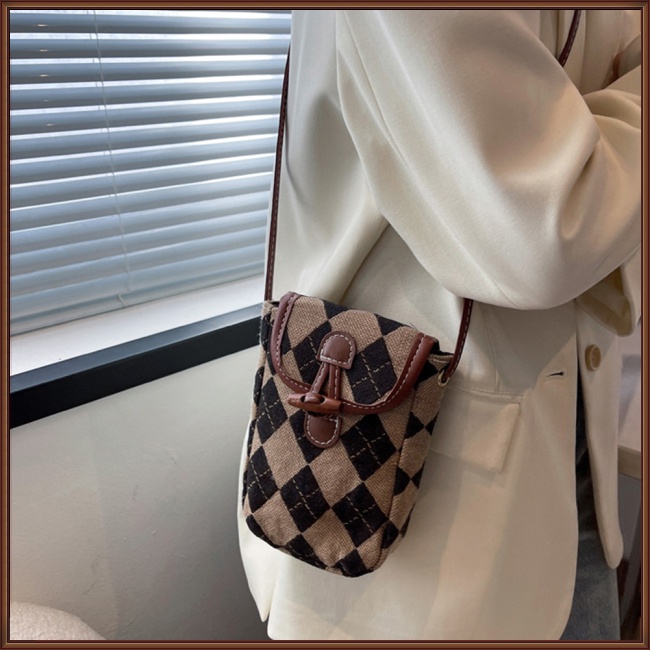 Túi Đeo Chéo Đựng Điện Thoại Có Khóa Kéo Họa Tiết Hình Thoi Đơn Giản Thời Trang Cho Nữ