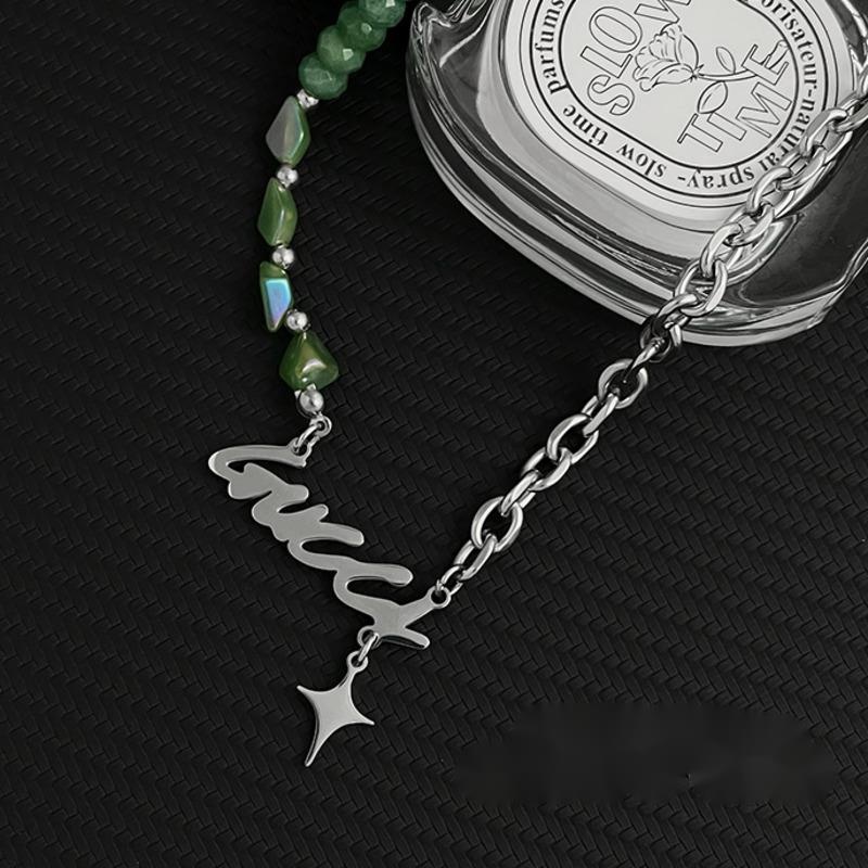 Vòng cổ Thép Titan Đính Đá Ngọc Bích Phong Cách hip hop Thời Trang Cho Nam Và Nữ