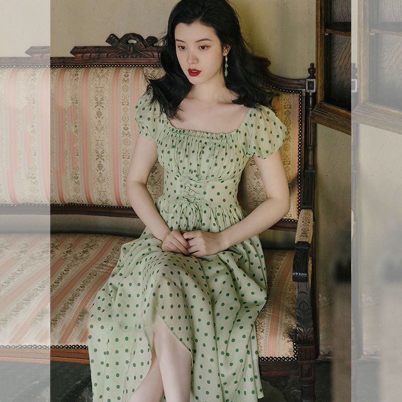 Đầm Cổ Vuông Họa Tiết Chấm Bi Màu Xanh Lá Phong Cách Retro Pháp Thời Trang Mùa Hè Hàng Mới 2023