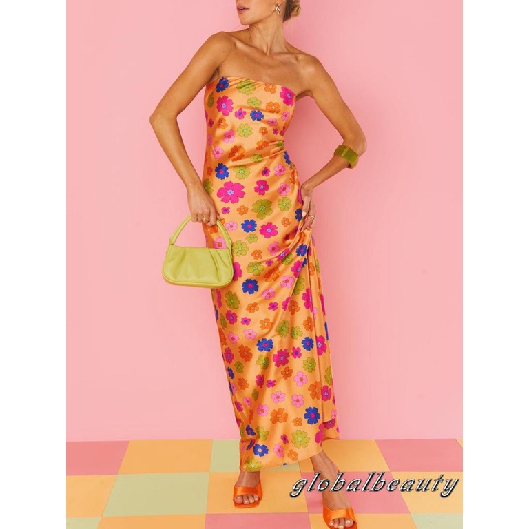 Đầm Dài Không Tay Hở Vai Họa Tiết Hoa Thời Trang Mùa Hè Cho Nữ