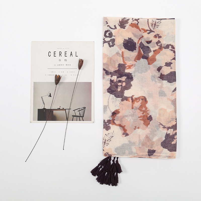 Khăn Choàng Cổ Bằng Cotton Phối Tua Rua In Họa Tiết Phong Cách Retro 180-90cm