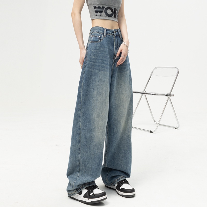 Quần Denim Ống Rộng Lưng Cao RENJIANVSHENG Thời Trang Hàn Quốc