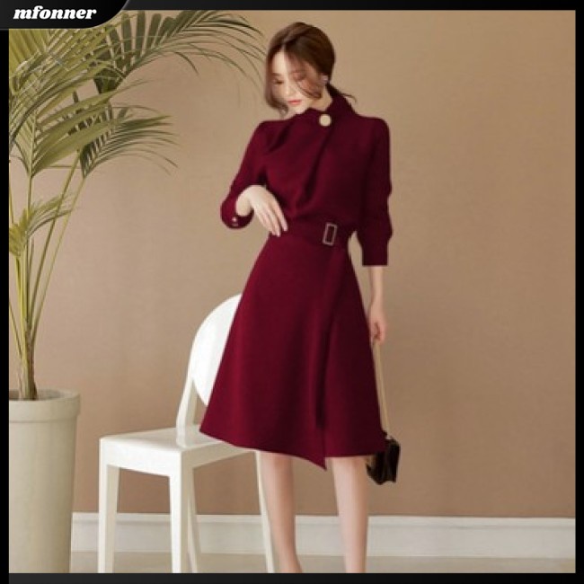Đầm Midi Tay Dài Cổ Tròn Màu Trơn Cài Nút Thời Trang Cho Nữ
