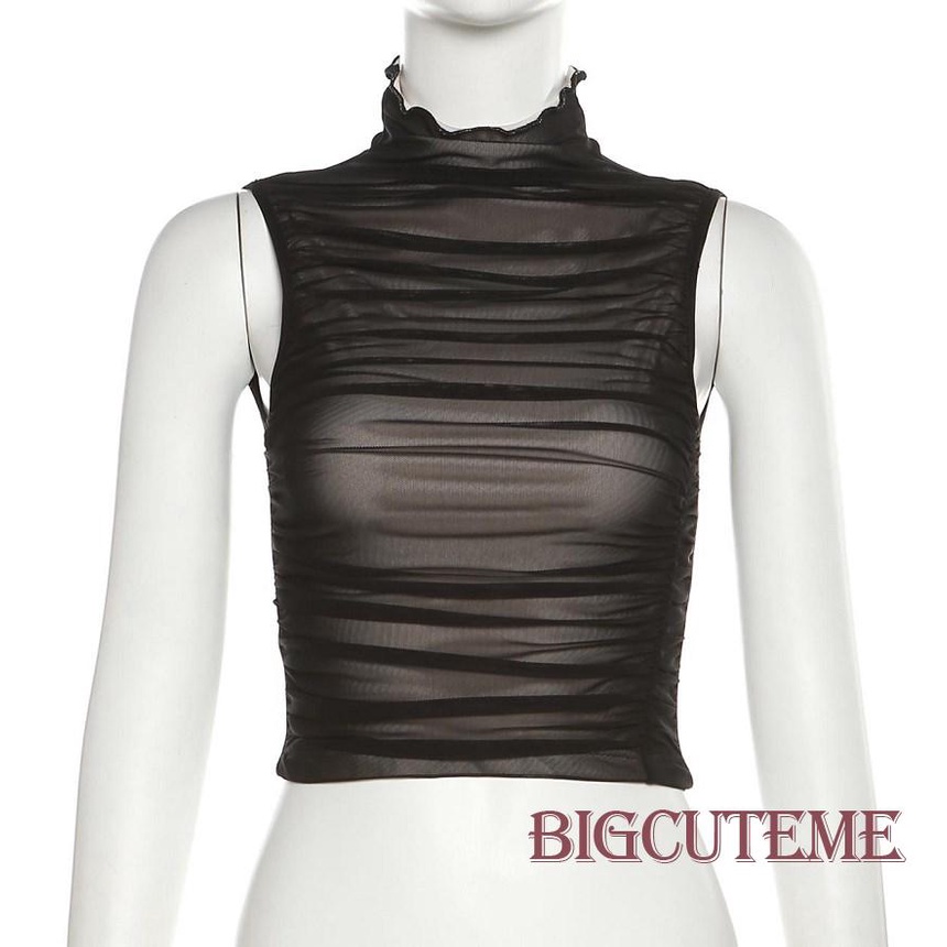 Áo Croptop Sát Nách Cổ Cao Màu Trơn Phối Lưới Thời Trang Mùa Hè Cho Nữ