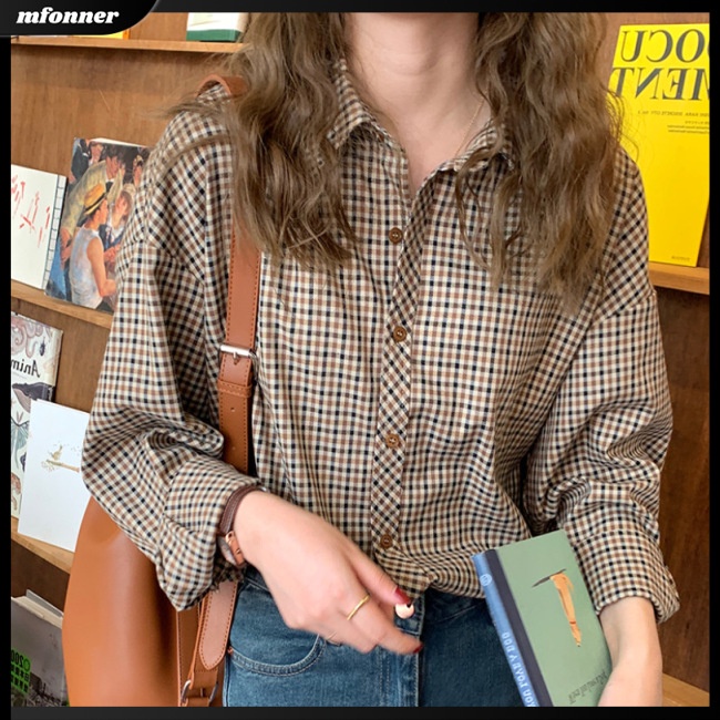 Áo Sơ Mi Dài Tay Dáng Rộng Hoa Văn Kẻ Ô Phong Cách Retro Dành Cho Nữ