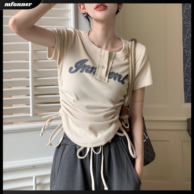 Áo Thun Ngắn Tay Cổ Tròn Dây Rút Họa Tiết Chữ Thời Trang Cho Nữ