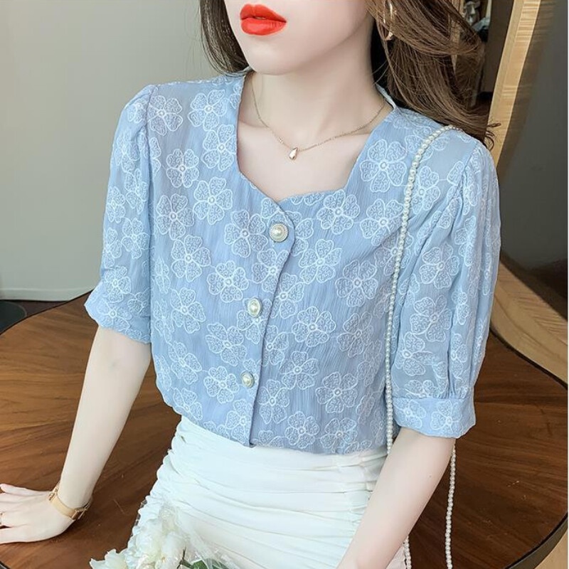 Áo Sơ Mi Chiffon Tay Ngắn In Họa Tiết Hoa Thời Trang Mùa Hè Phong Cách Hàn Quốc Dành Cho Nữ