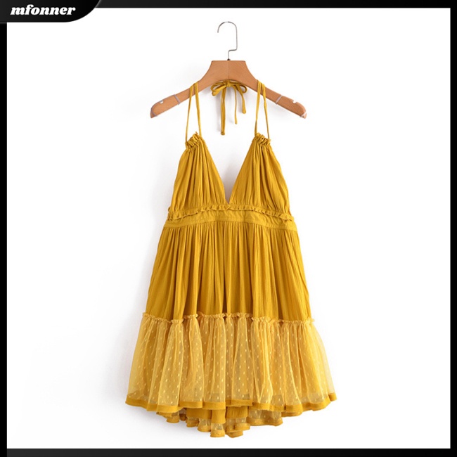 Đầm Hai Dây Cổ Chữ V Phối Lưới Màu Sắc Trơn Thời Trang Mùa Hè Cho Nữ