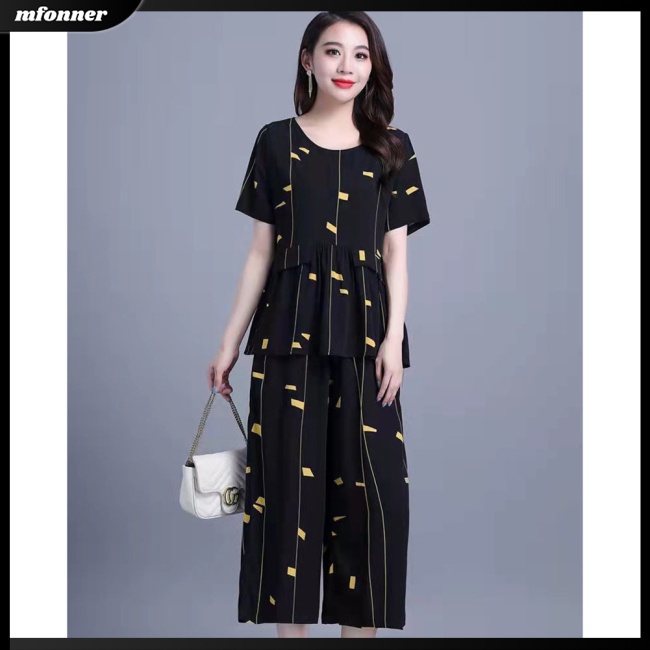 Bộ Trang Phục 2 Mảnh Áo Thun Tay Ngắn Cổ Tròn In Họa Tiết + Quần Dài Ống Rộng Thời Trang Cho Nữ