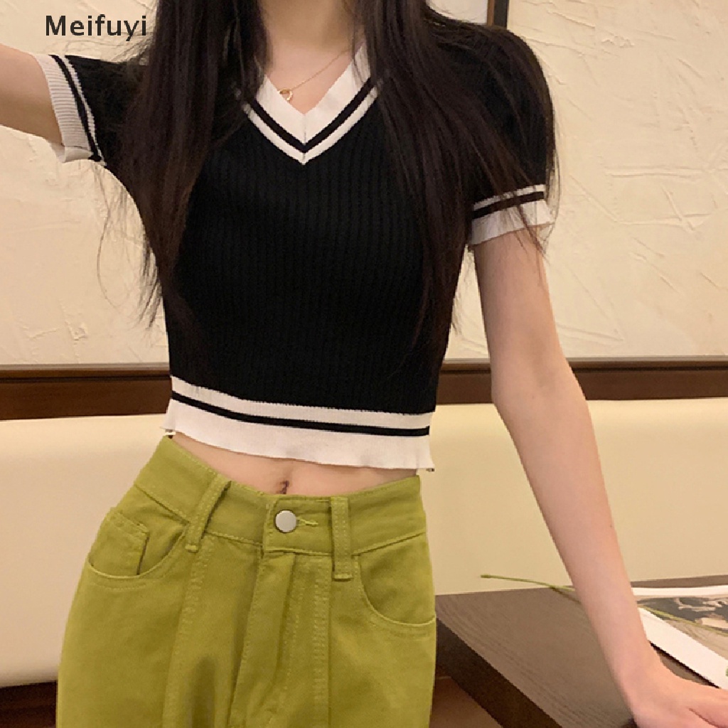 Áo Croptop Dệt Kim Tay Ngắn Cổ Chữ V Dáng Ôm Thời Trang Cho Nữ