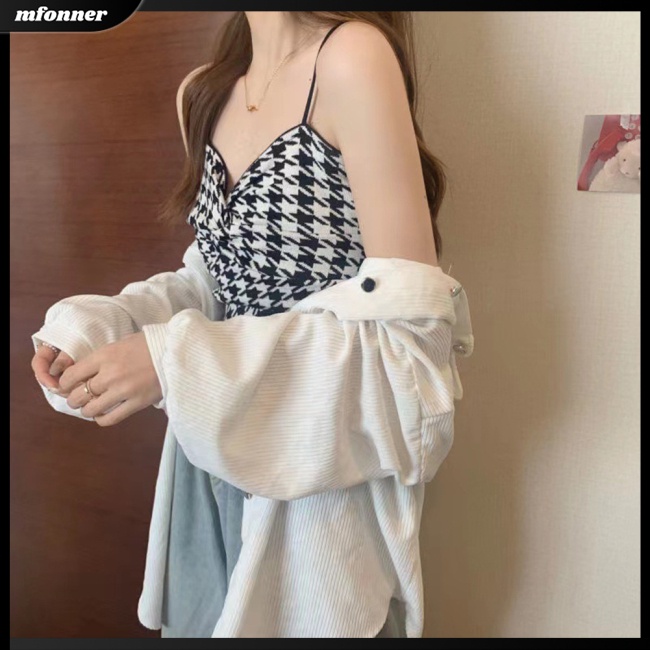 Áo Croptop Hai Dây Cổ Chữ V Dáng Ôm In Họa Tiết Houndstooth Thời Trang Cho Bạn Gái