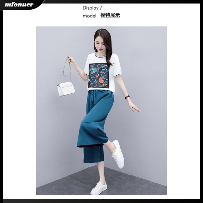 Set Đồ 2 Món Áo Thun In Họa Tiết + Quần Dài Ống Rộng Thời Trang Cho Nữ