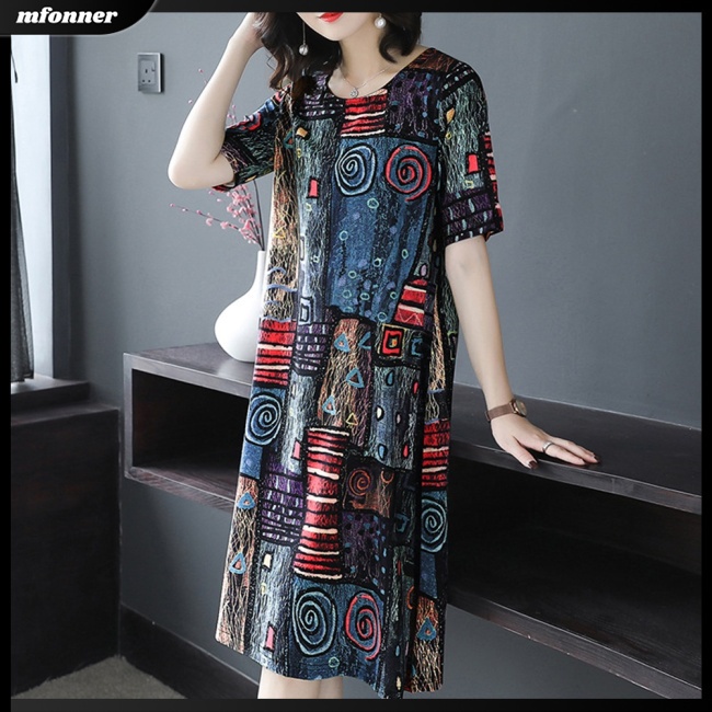 Đầm Midi Tay Ngắn Cổ Tròn In Họa Tiết Phong Cách Cổ Điển Thời Trang Cho Nữ