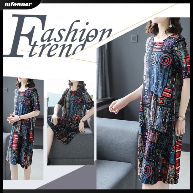 Đầm Midi Tay Ngắn Cổ Tròn In Họa Tiết Phong Cách Cổ Điển Thời Trang Cho Nữ