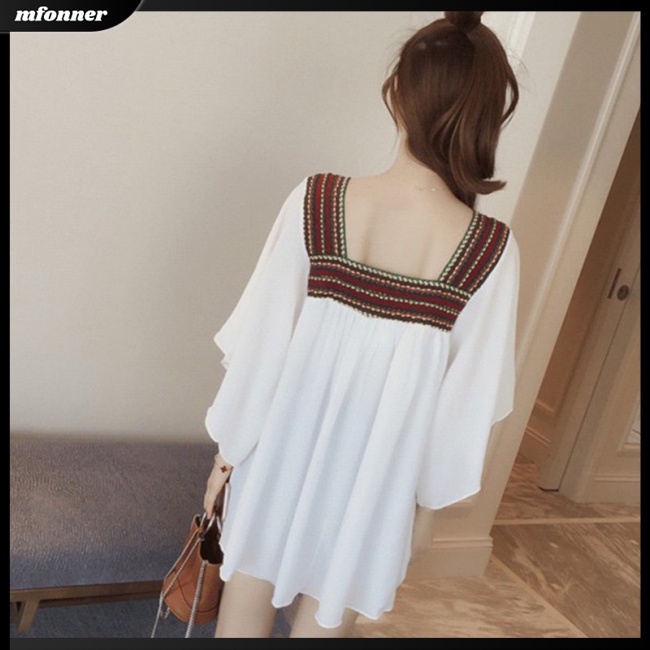 Áo Chiffon Mỏng Dáng Rộng Cổ Chữ U Thêu Họa Tiết Thổ Cẩm Thời Trang Mùa Hè Cho Nữ