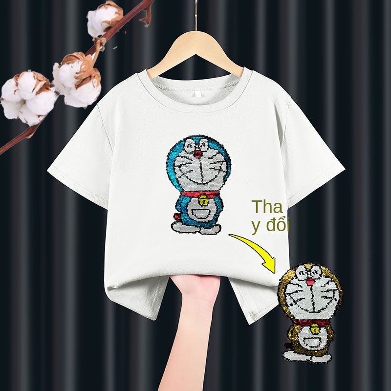 Hàng Mới Về Áo Thun Cotton Ngắn Tay In Hình Mèo Doraemon Đính Kim Sa Lấp Lánh Thay Đổi Màu Sắc Thời Trang Cho Bé