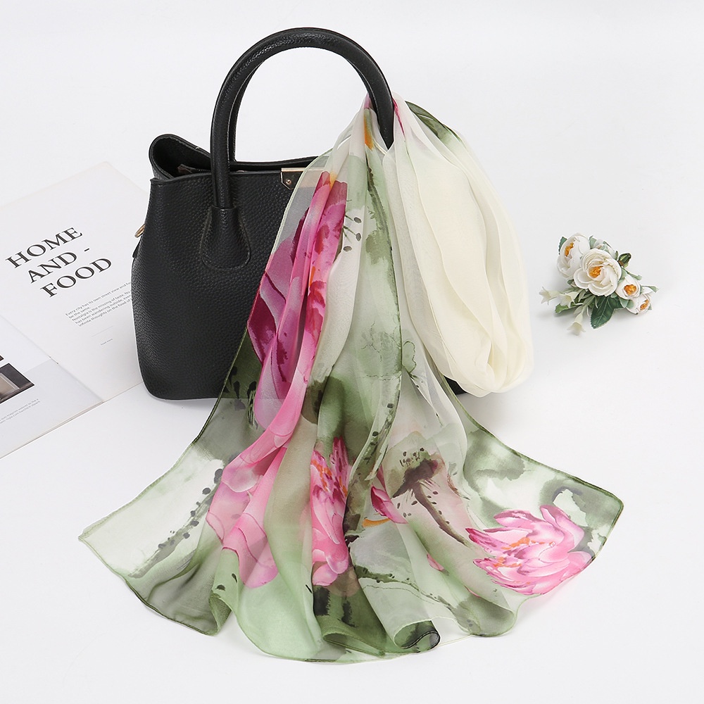Khăn Quàng Cổ Chống Nắng 160 * 50cm Bằng Lụa Mỏng In Họa Tiết Hoa Sen Thời Trang Xuân Hè Cho Nữ