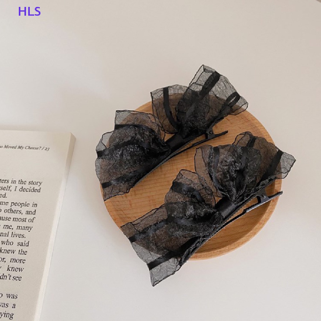 Set 2 Kẹp Tóc Nơ Phối Ren Màu Đen / Be Xinh Xắn Dành Cho Nữ